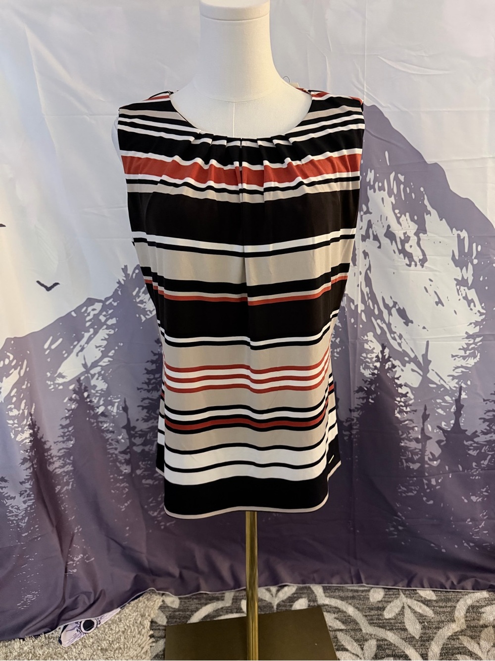 Calvin Klein NWT Striped Sleeveless Blouse Black Cream Rust Size L